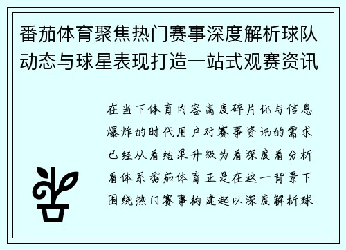 番茄体育聚焦热门赛事深度解析球队动态与球星表现打造一站式观赛资讯平台